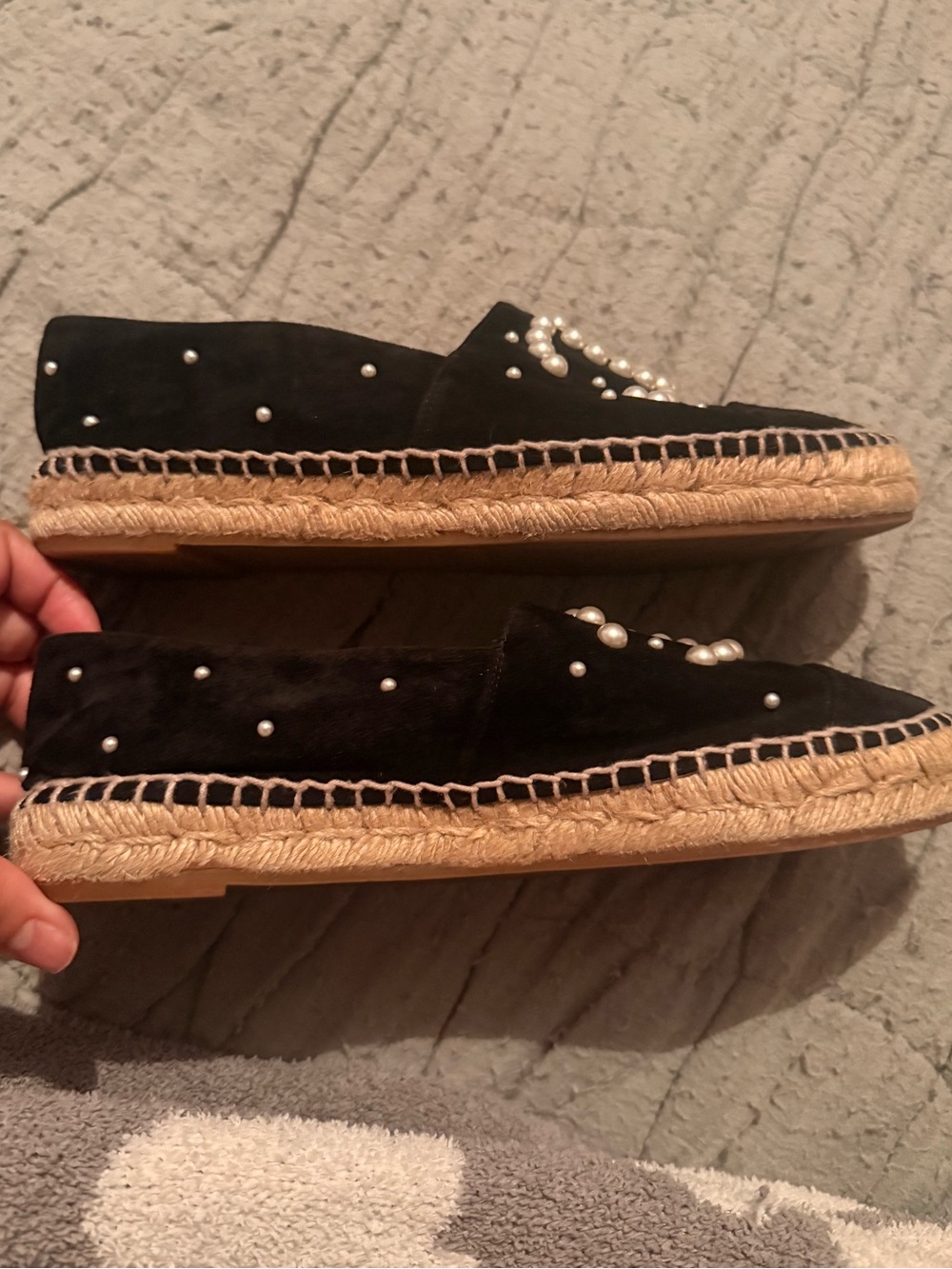 Chanel Suede Black Pearl-Embellished Women's Espadrilles - Picture 4 of 13